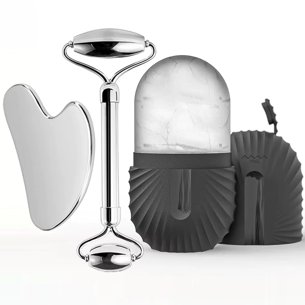 Ice Face Roller Facial Skincare Ice Roller Set, Stainless Steel Facial Roller Gua Sha Face Tool Face Massage Roller Mold Cube